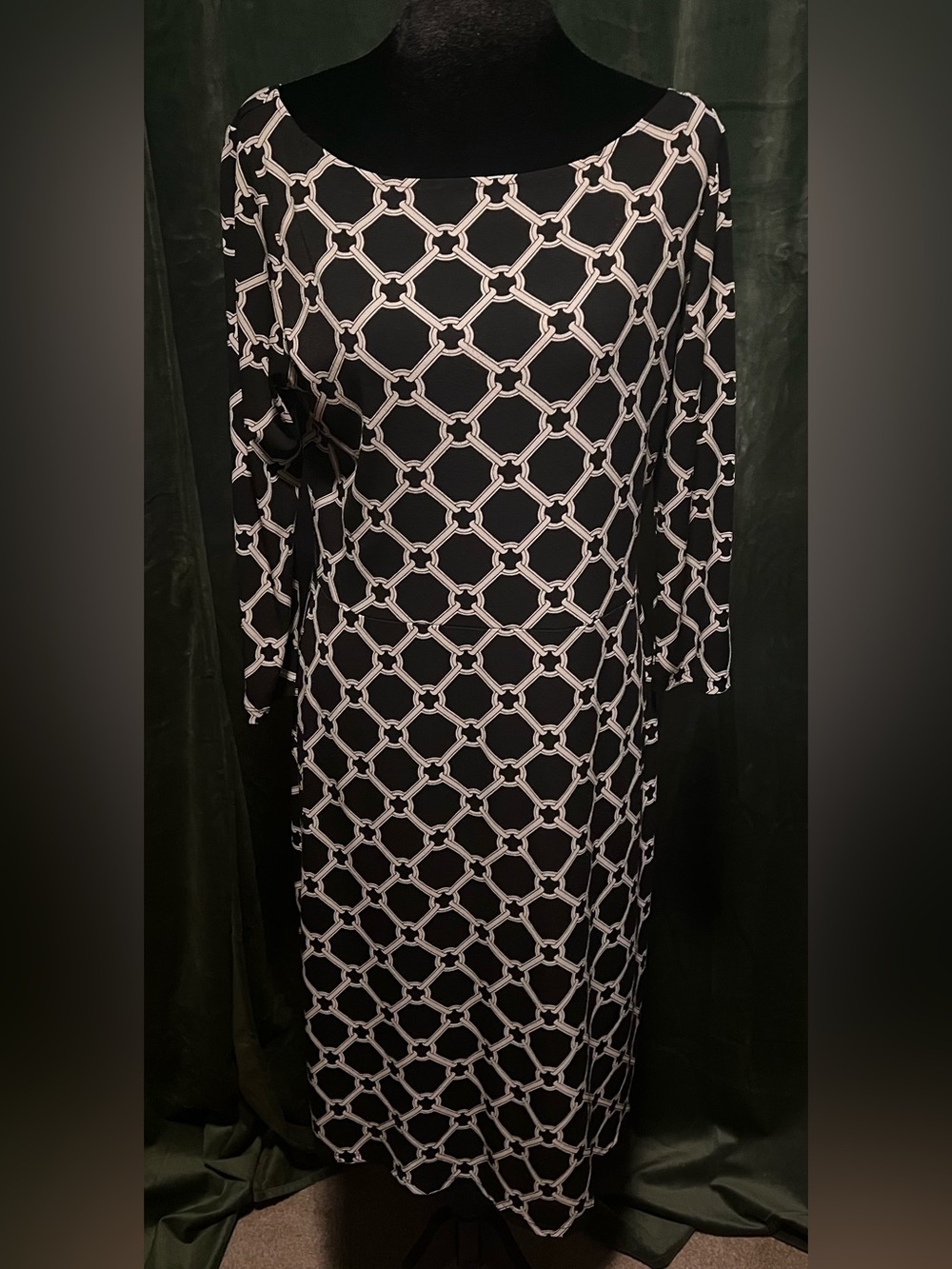 Vintage - Harve Benard Navy Dress with White Geometric Chain-Link Print